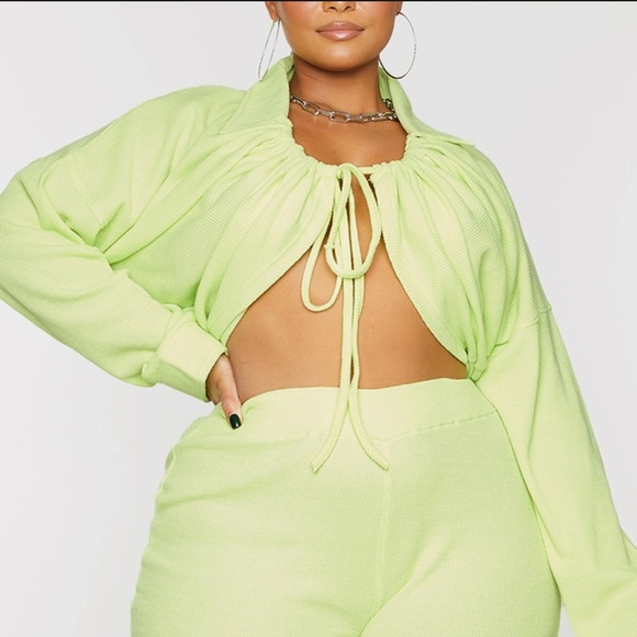 Pretty Little Thing Plus Light Lime Ruched Tie Waffle Textured Cardigan - Picture 1 of 3